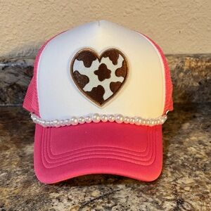 Pink & White Trucker Hat with Heart Patch & Pearl Chain